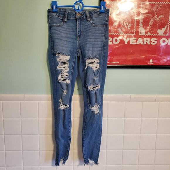 American Eagle Heavily Distressed Stretch Skinny Jeans Distressed Medium Wash - Picture 3 of 12